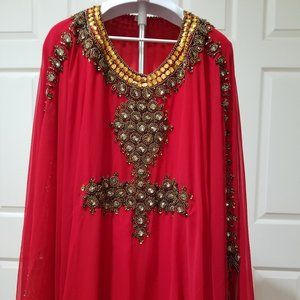 Red Kaftan with Bronze Beading - One Size